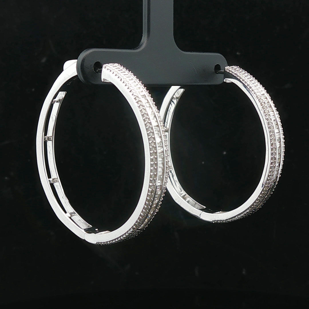 14k White Gold and 1cttw Baguette and Round Cut Diamond Hoop Earrings 1.5"