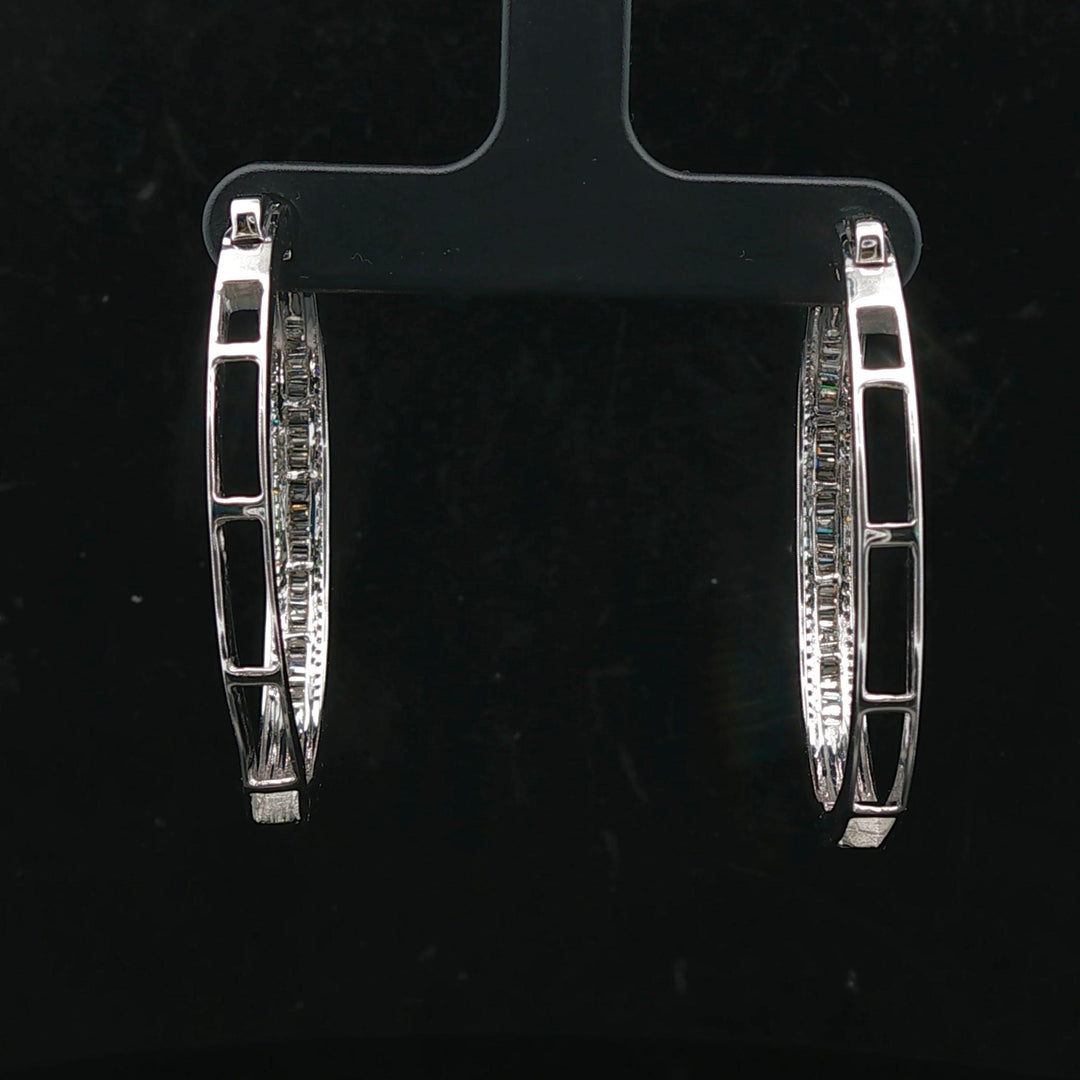 14k White Gold and 1cttw Baguette and Round Cut Diamond Hoop Earrings 1.5"