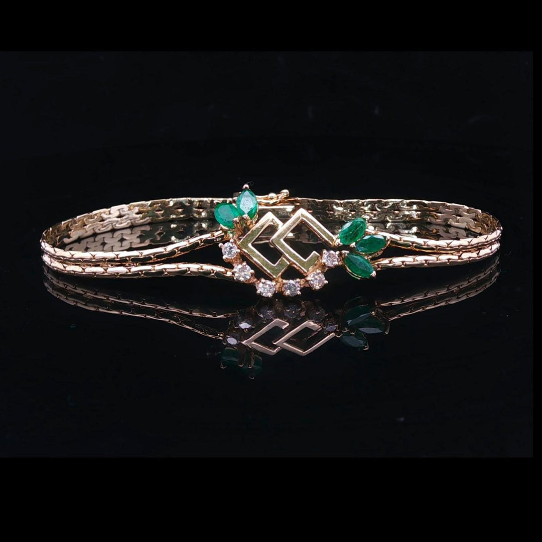 14k Yellow Gold Emerald and Diamond Vintage Ladies Bracelet Italy 7"