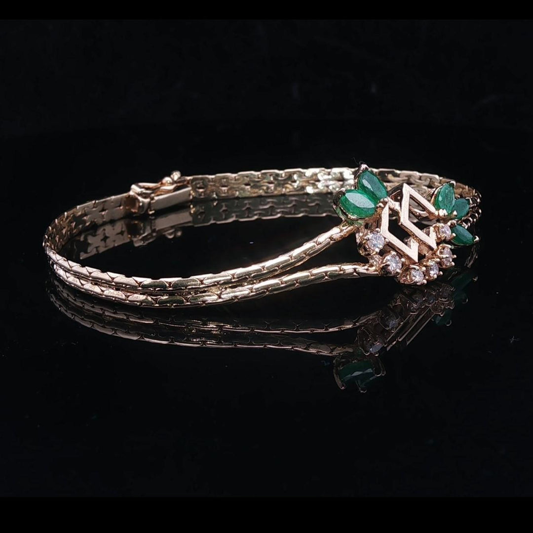 14k Yellow Gold Emerald and Diamond Vintage Ladies Bracelet Italy 7"