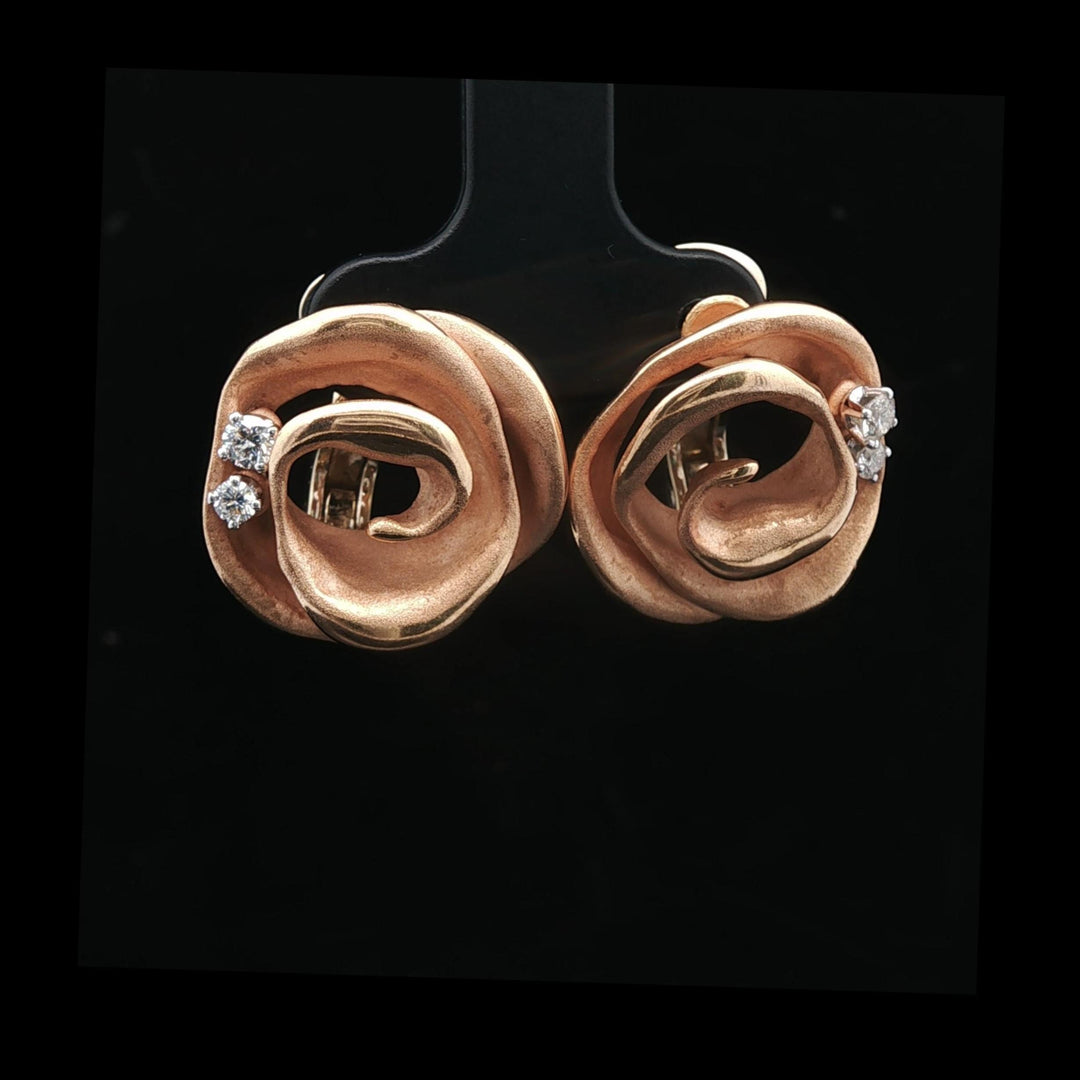 18k Rose Gold and Diamond 14.4g Heavy Vintage Floral Stud Earrings Italy