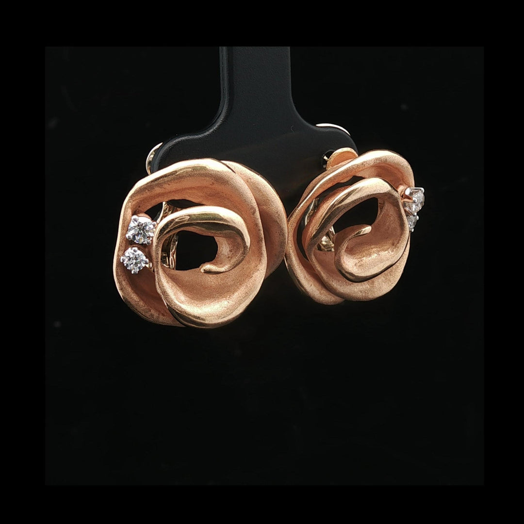 18k Rose Gold and Diamond 14.4g Heavy Vintage Floral Stud Earrings Italy