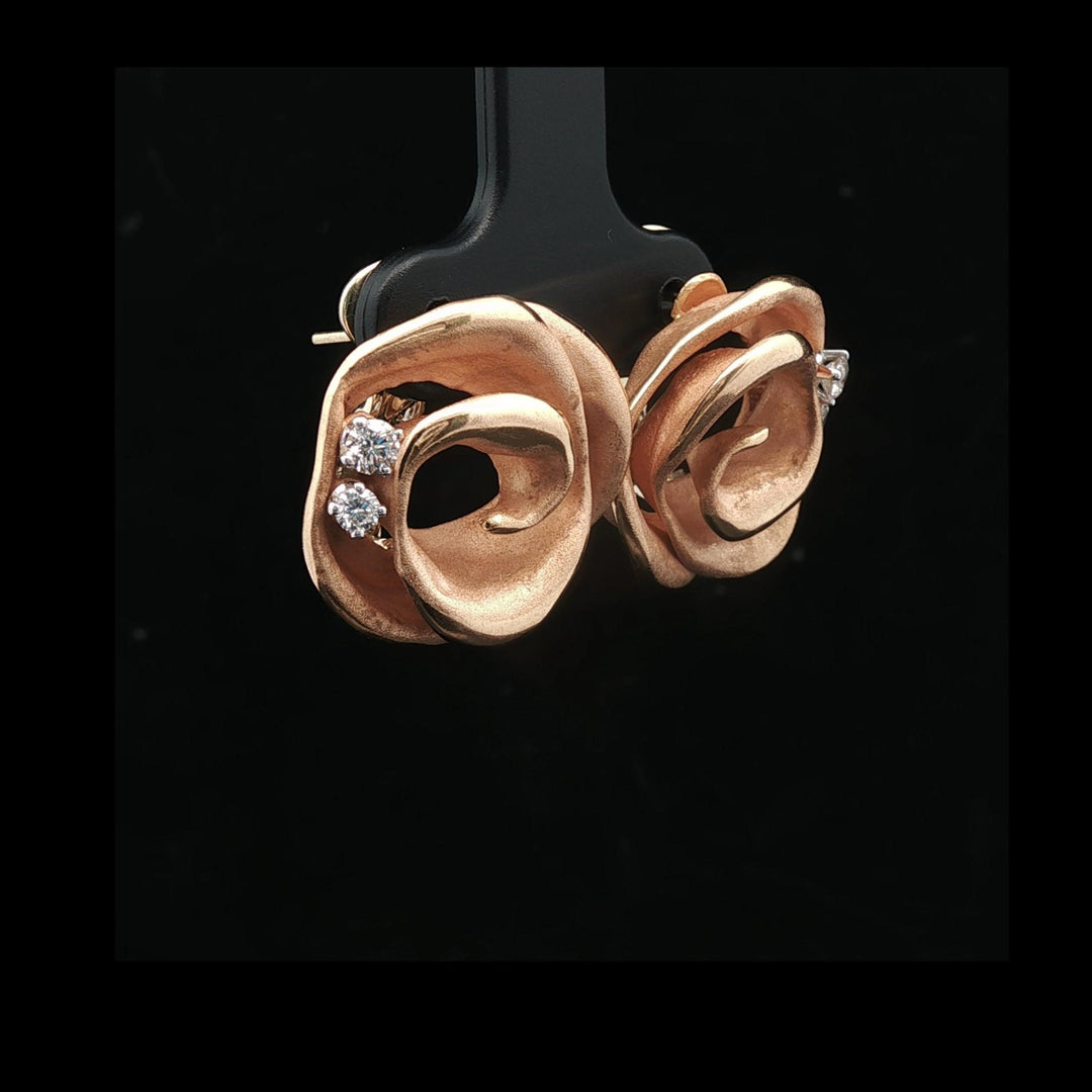 18k Rose Gold and Diamond 14.4g Heavy Vintage Floral Stud Earrings Italy
