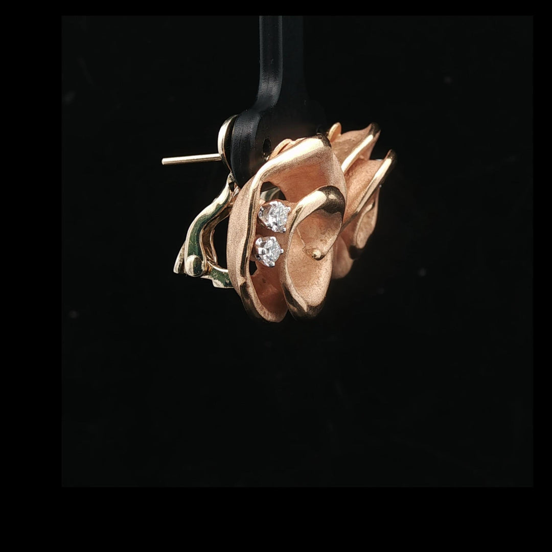 18k Rose Gold and Diamond 14.4g Heavy Vintage Floral Stud Earrings Italy