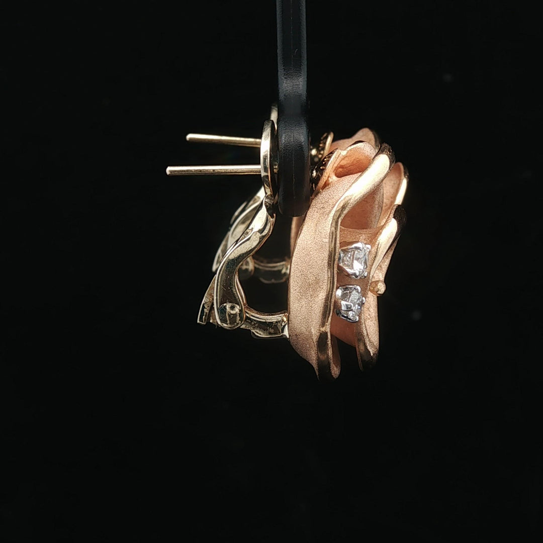 18k Rose Gold and Diamond 14.4g Heavy Vintage Floral Stud Earrings Italy