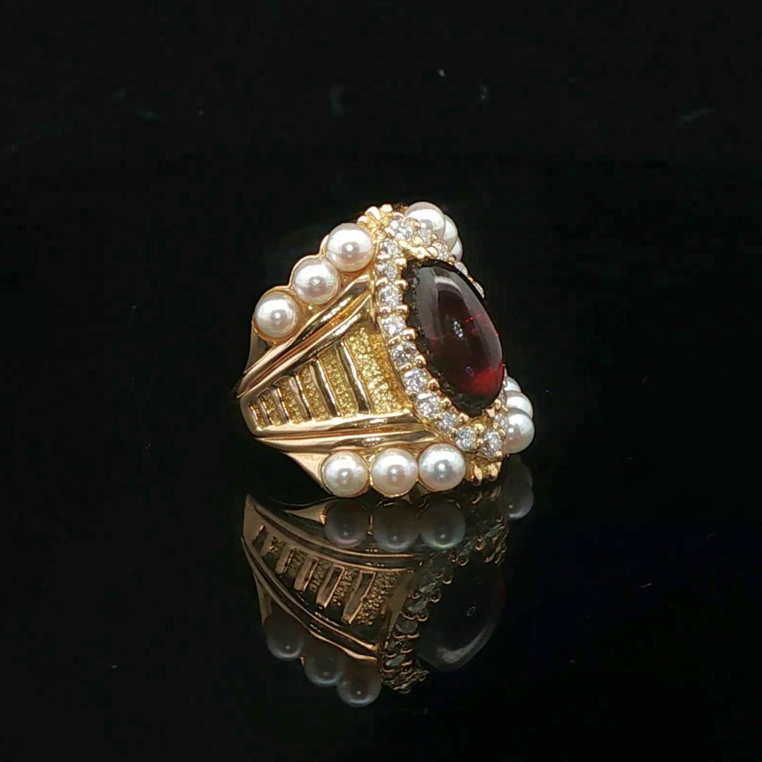 18k Yellow Gold Garnet Pearl and 1cttw Diamond Heavy Ladies Ring Size 6
