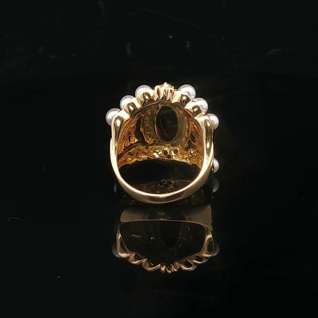 18k Yellow Gold Garnet Pearl and 1cttw Diamond Heavy Ladies Ring Size 6