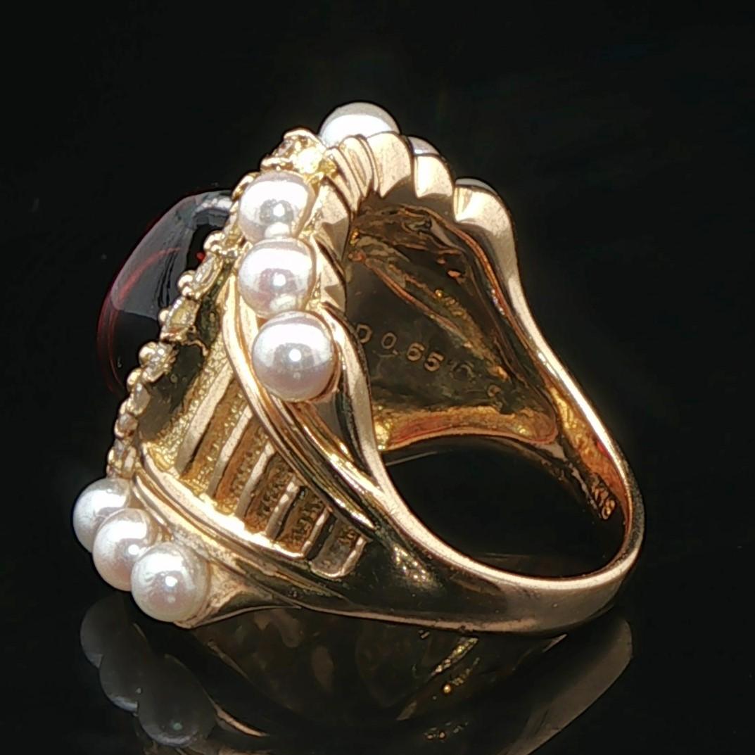 18k Yellow Gold Garnet Pearl and 1cttw Diamond Heavy Ladies Ring Size 6