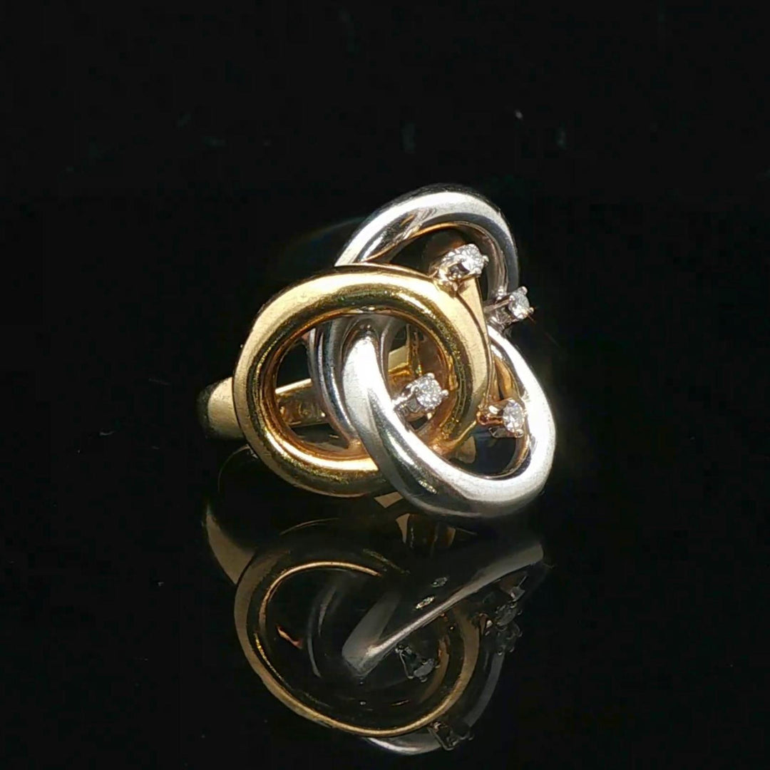 18k Yellow and White Gold 13g Diamond Interlocking Ring Italy Size 4.25