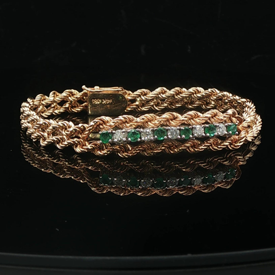 14k Yellow Gold Emerald and Diamond 10.6g Double Rope Bracelet 7"