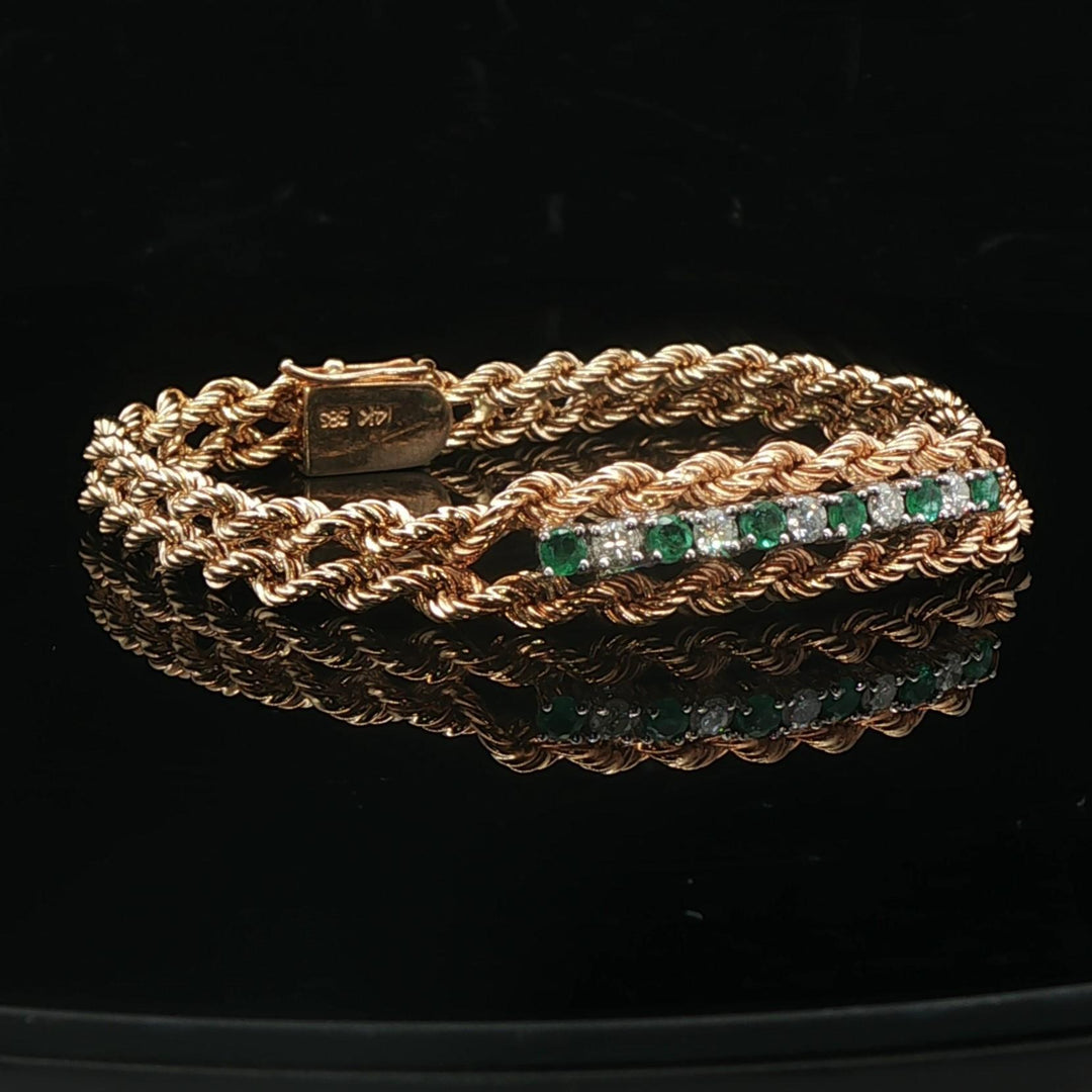 14k Yellow Gold Emerald and Diamond 10.6g Double Rope Bracelet 7"