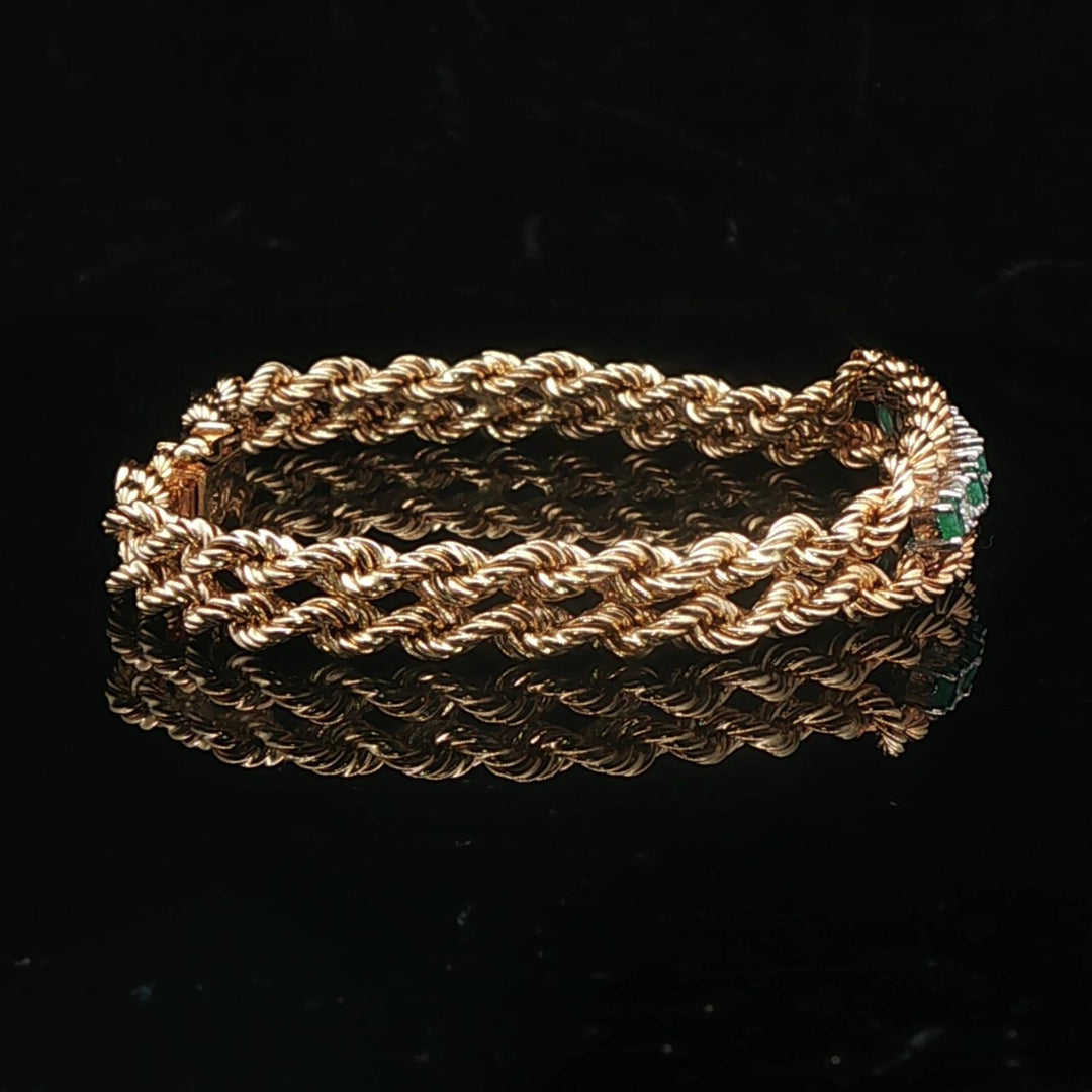 14k Yellow Gold Emerald and Diamond 10.6g Double Rope Bracelet 7"