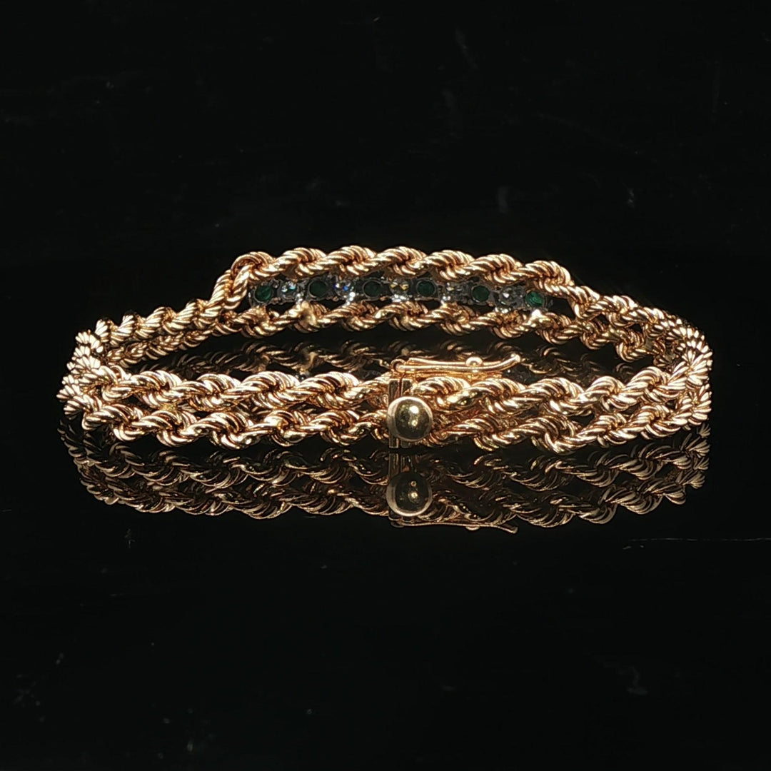 14k Yellow Gold Emerald and Diamond 10.6g Double Rope Bracelet 7"