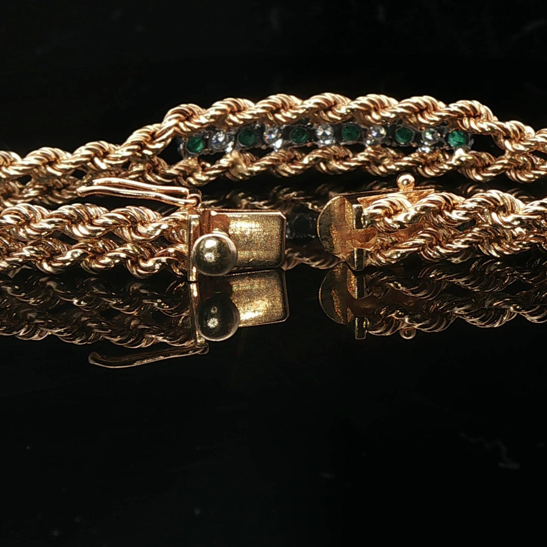 14k Yellow Gold Emerald and Diamond 10.6g Double Rope Bracelet 7"