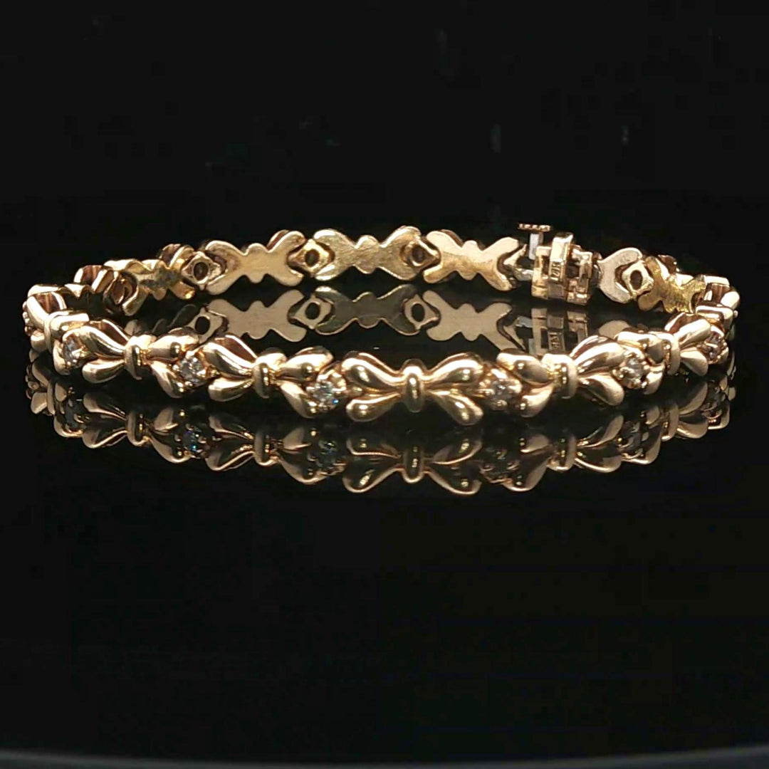 14k Yellow Gold and Diamond 16.5g Solid Vintage Bow Link Bracelet 6.75"