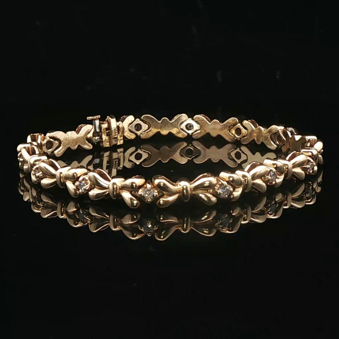 14k Yellow Gold and Diamond 16.5g Solid Vintage Bow Link Bracelet 6.75"
