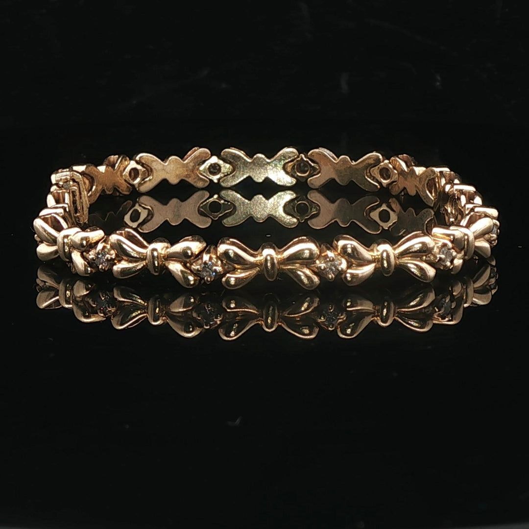 14k Yellow Gold and Diamond 16.5g Solid Vintage Bow Link Bracelet 6.75"