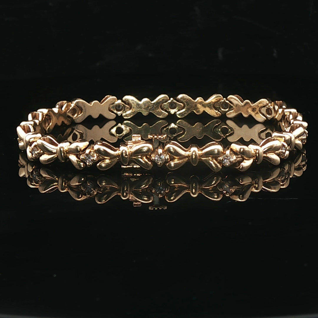 14k Yellow Gold and Diamond 16.5g Solid Vintage Bow Link Bracelet 6.75"