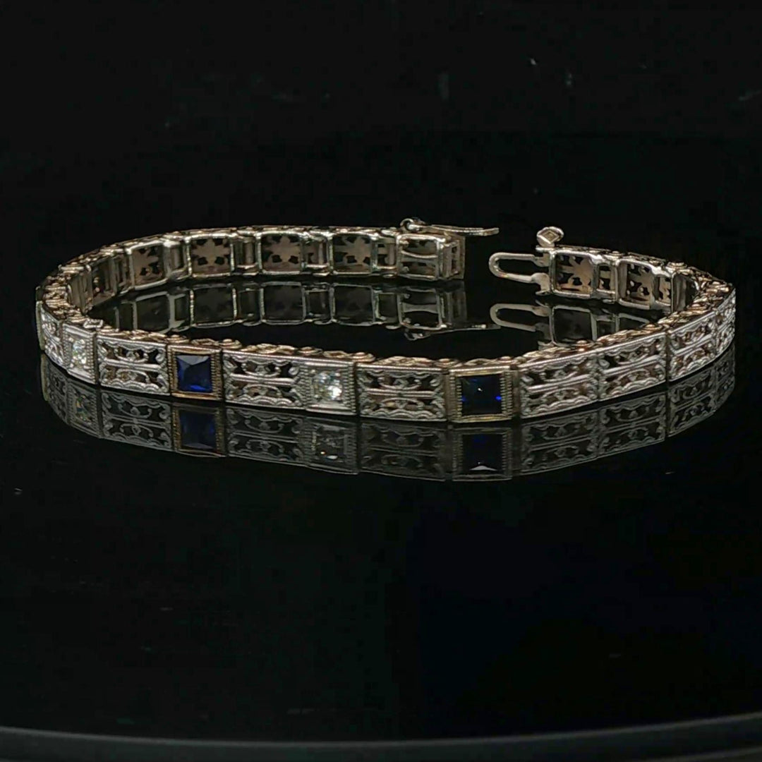 14k White Gold Blue Sapphire and Diamond Vintage Filigree Bracelet 6.5"