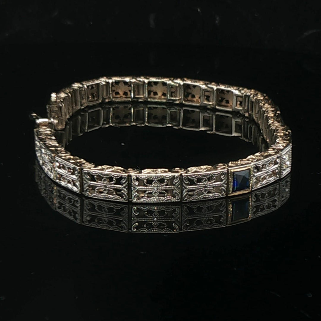 14k White Gold Blue Sapphire and Diamond Vintage Filigree Bracelet 6.5"