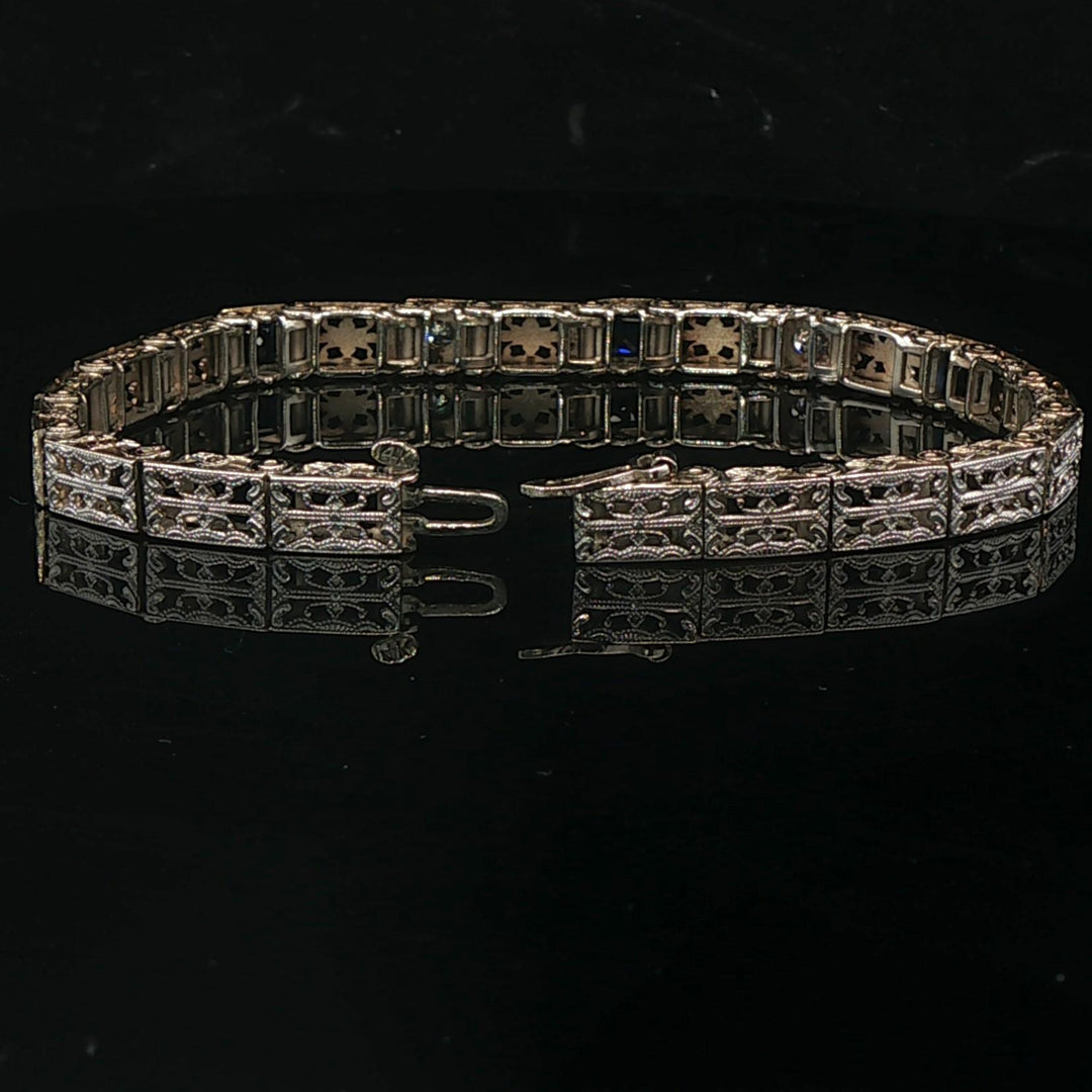 14k White Gold Blue Sapphire and Diamond Vintage Filigree Bracelet 6.5"