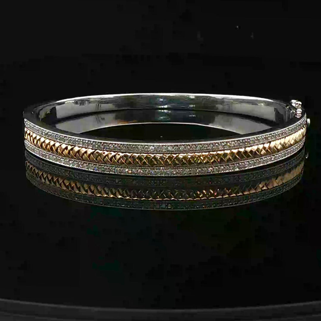 14k White and Yellow Gold Diamond Solid Heavy 22.4g Bangle Bracelet 6.75"