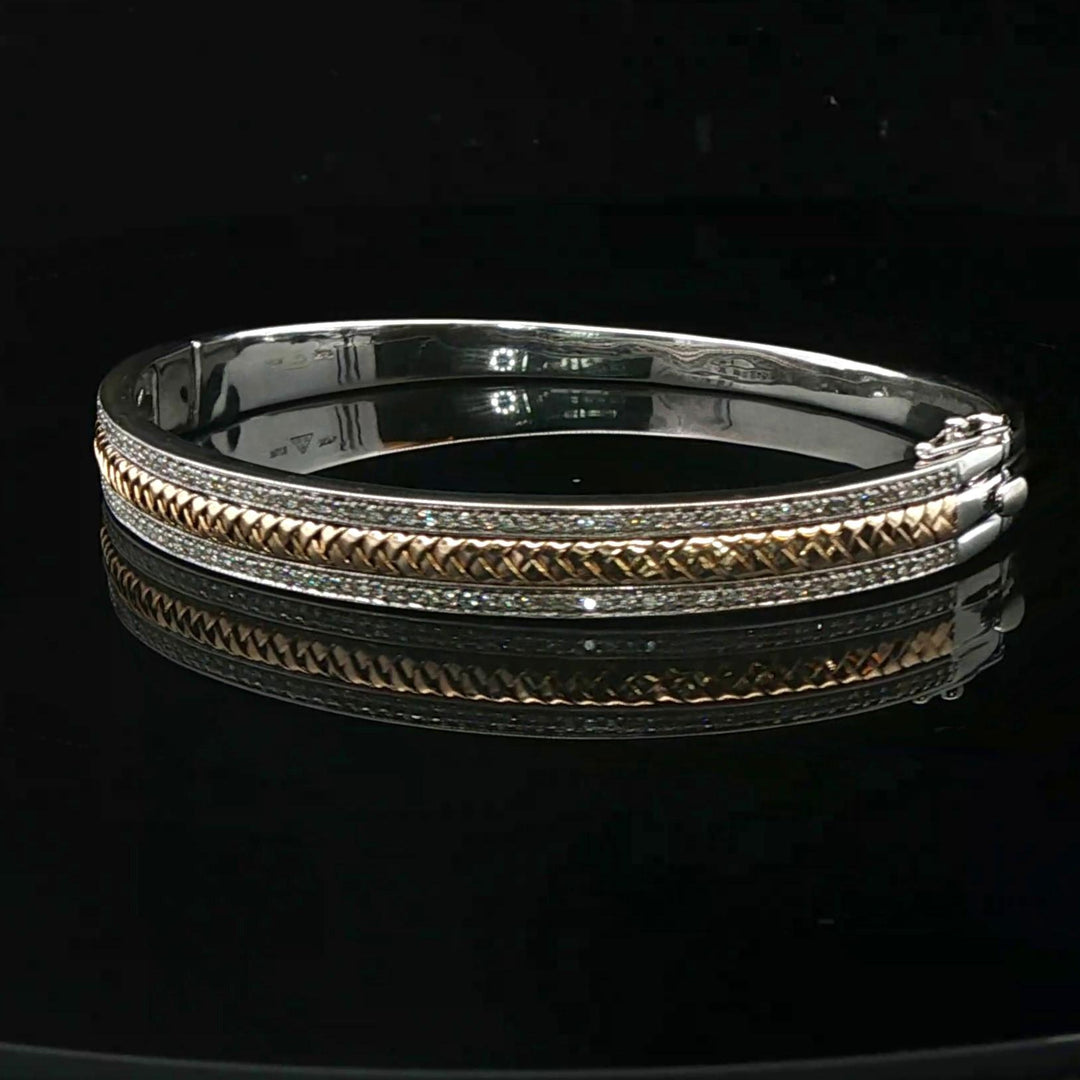 14k White and Yellow Gold Diamond Solid Heavy 22.4g Bangle Bracelet 6.75"