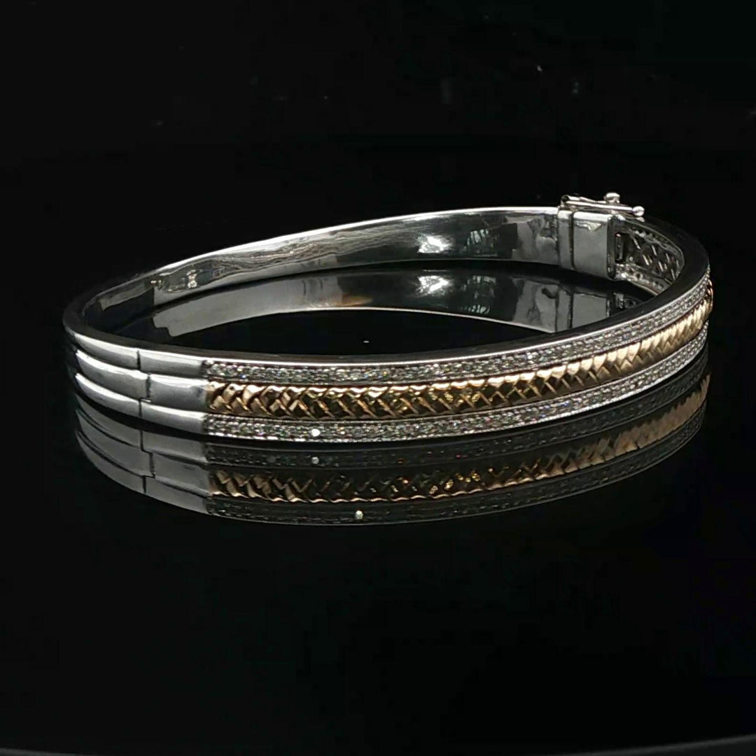 14k White and Yellow Gold Diamond Solid Heavy 22.4g Bangle Bracelet 6.75"