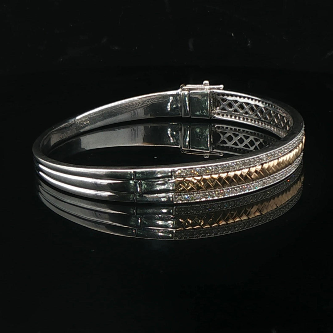 14k White and Yellow Gold Diamond Solid Heavy 22.4g Bangle Bracelet 6.75"