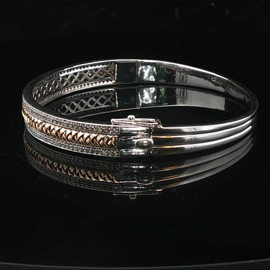 14k White and Yellow Gold Diamond Solid Heavy 22.4g Bangle Bracelet 6.75"