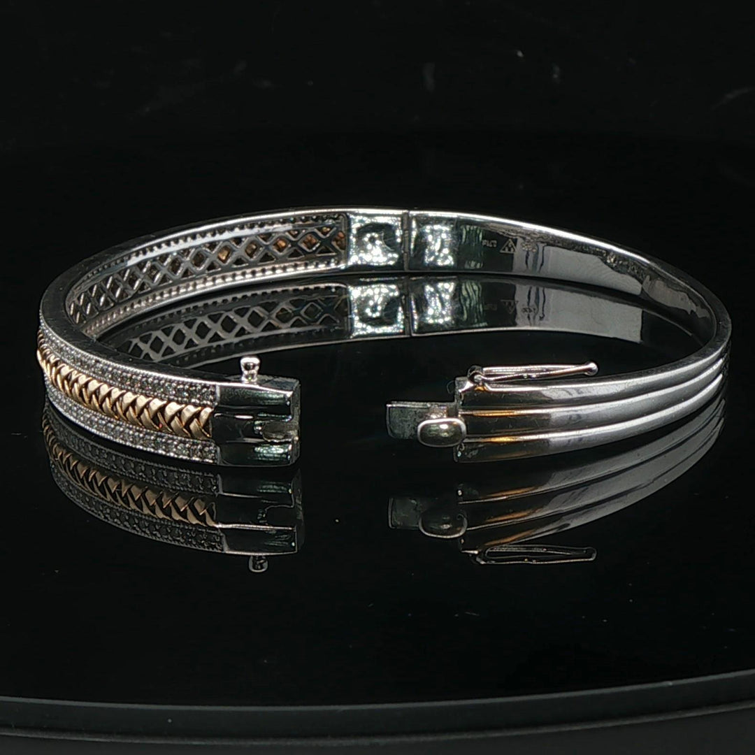 14k White and Yellow Gold Diamond Solid Heavy 22.4g Bangle Bracelet 6.75"
