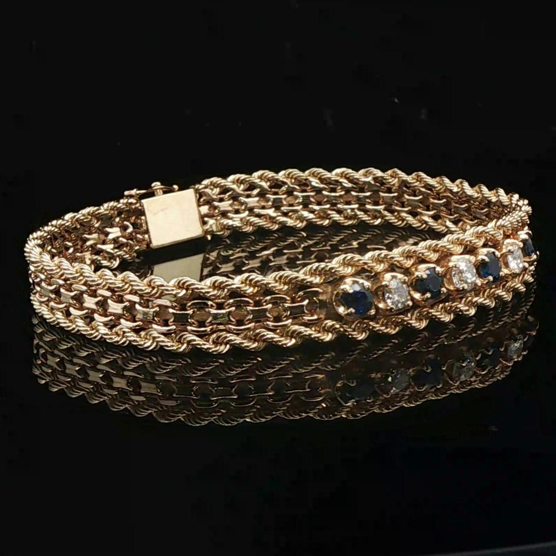 14k Yellow Gold Blue Sapphire and Diamond Rope and Bismark Bracelet 7.5"