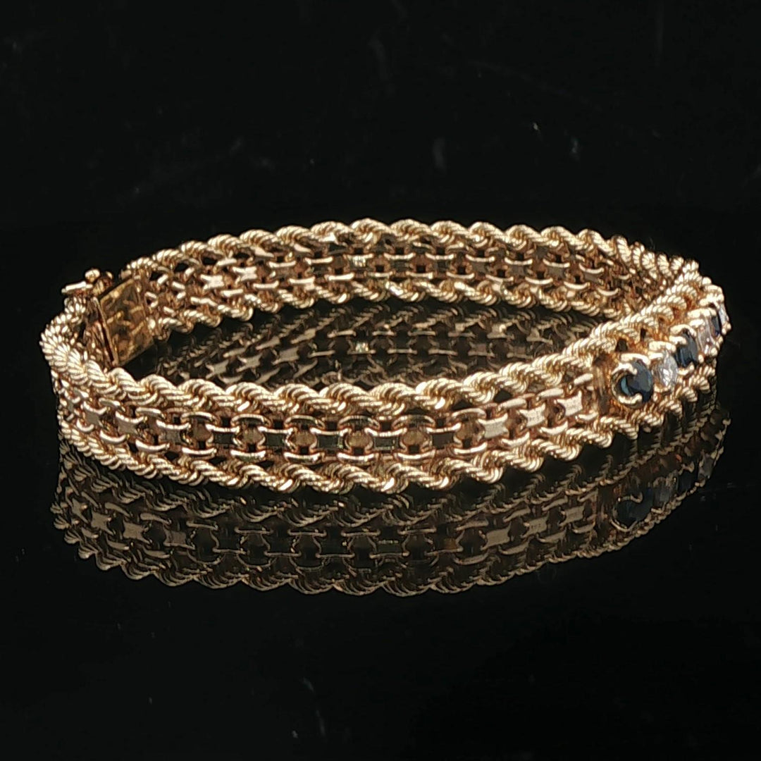 14k Yellow Gold Blue Sapphire and Diamond Rope and Bismark Bracelet 7.5"