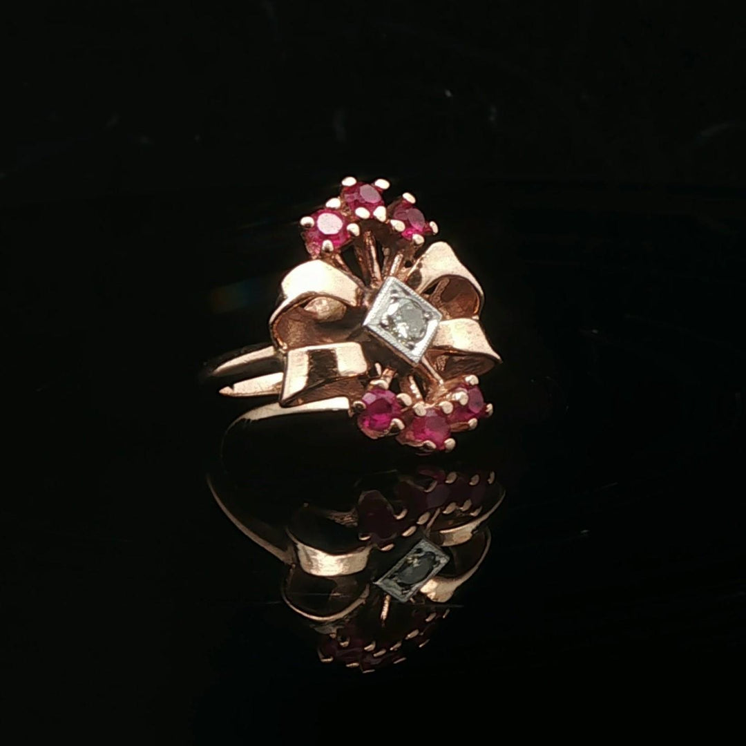 14k Yellow Gold Ruby and Diamond Ladies Fancy Retro Ring Size 6