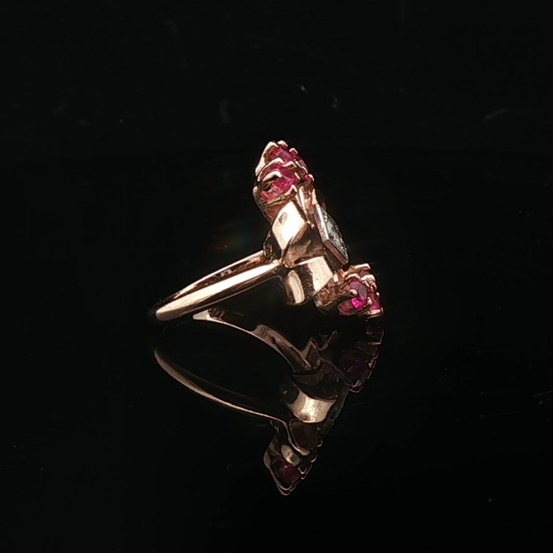 14k Yellow Gold Ruby and Diamond Ladies Fancy Retro Ring Size 6