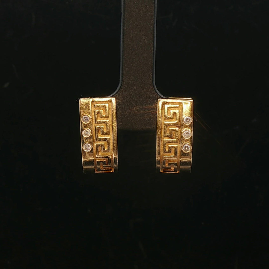 14k Yellow Gold and Diamond Solid Vintage Greek Key Huggie Earrings
