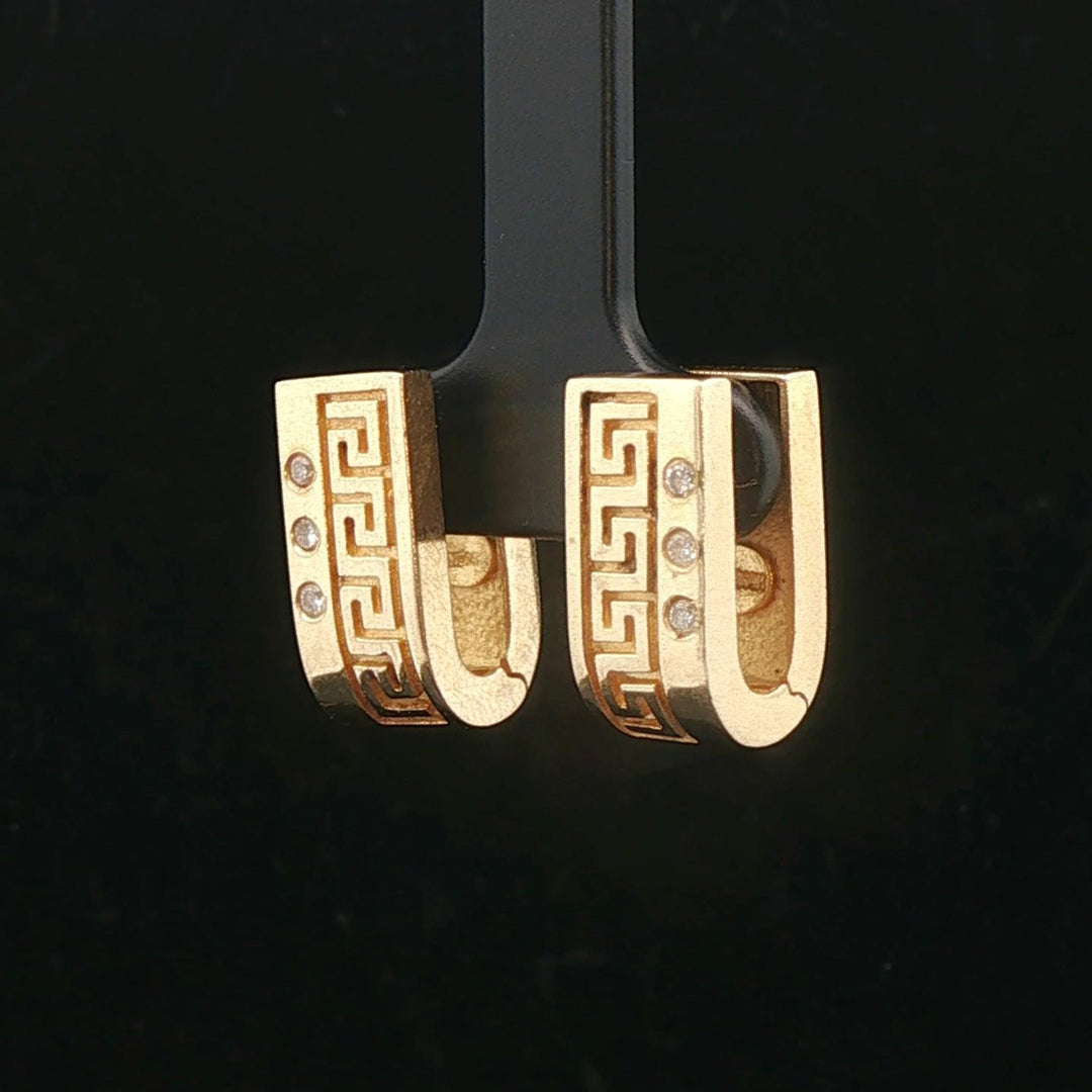 14k Yellow Gold and Diamond Solid Vintage Greek Key Huggie Earrings