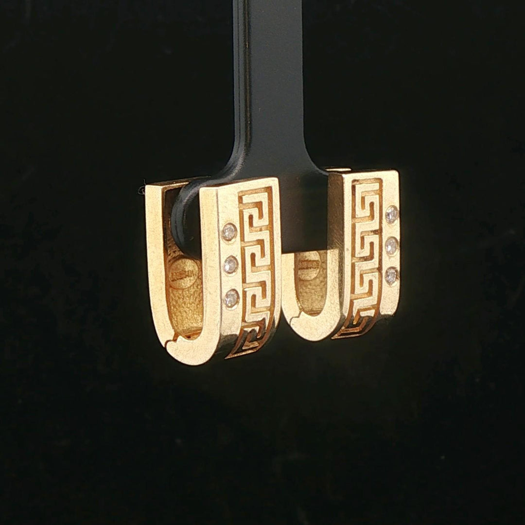 14k Yellow Gold and Diamond Solid Vintage Greek Key Huggie Earrings