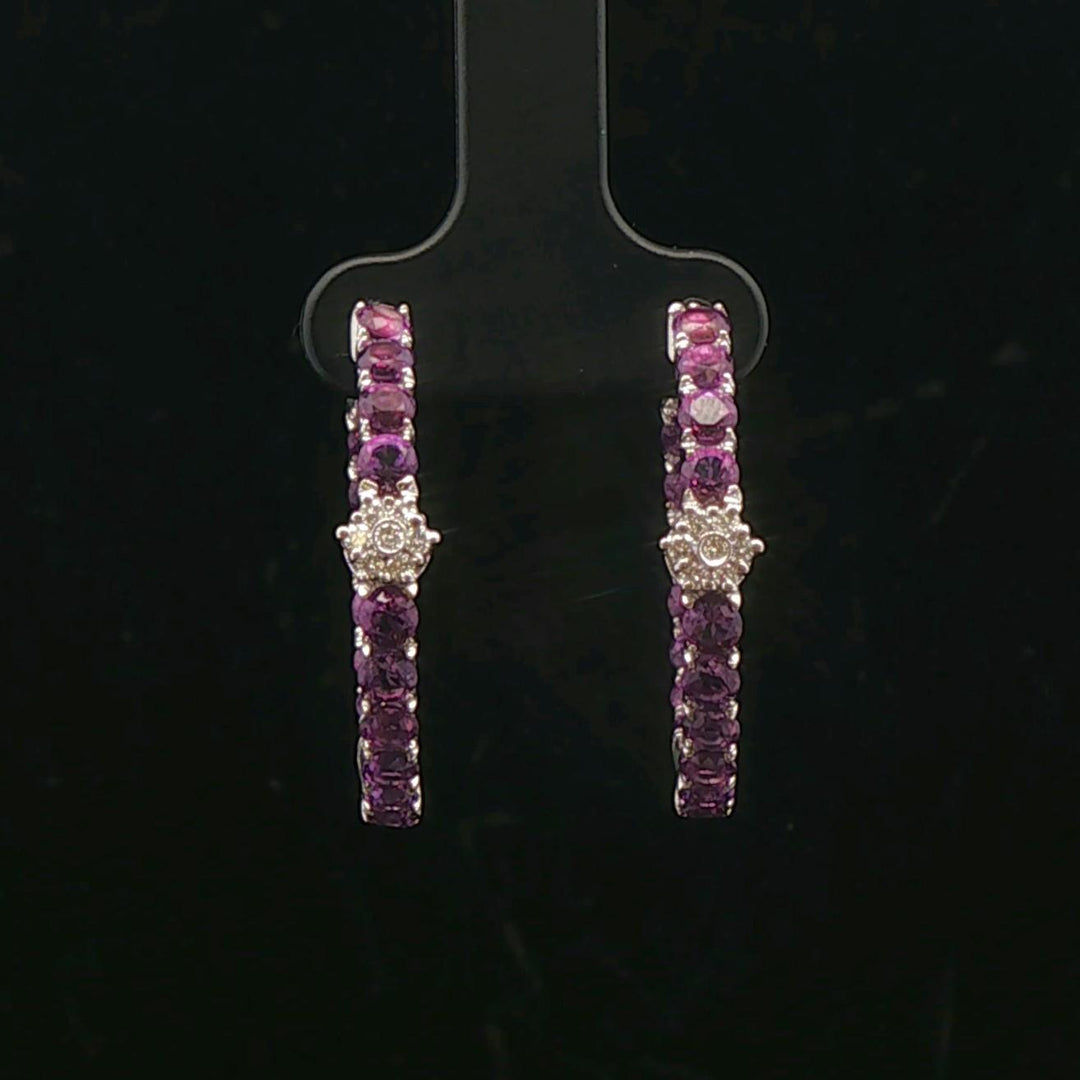 18k White Gold Amethyst and Diamond Inside Out Hoop Earrings Italy 1"