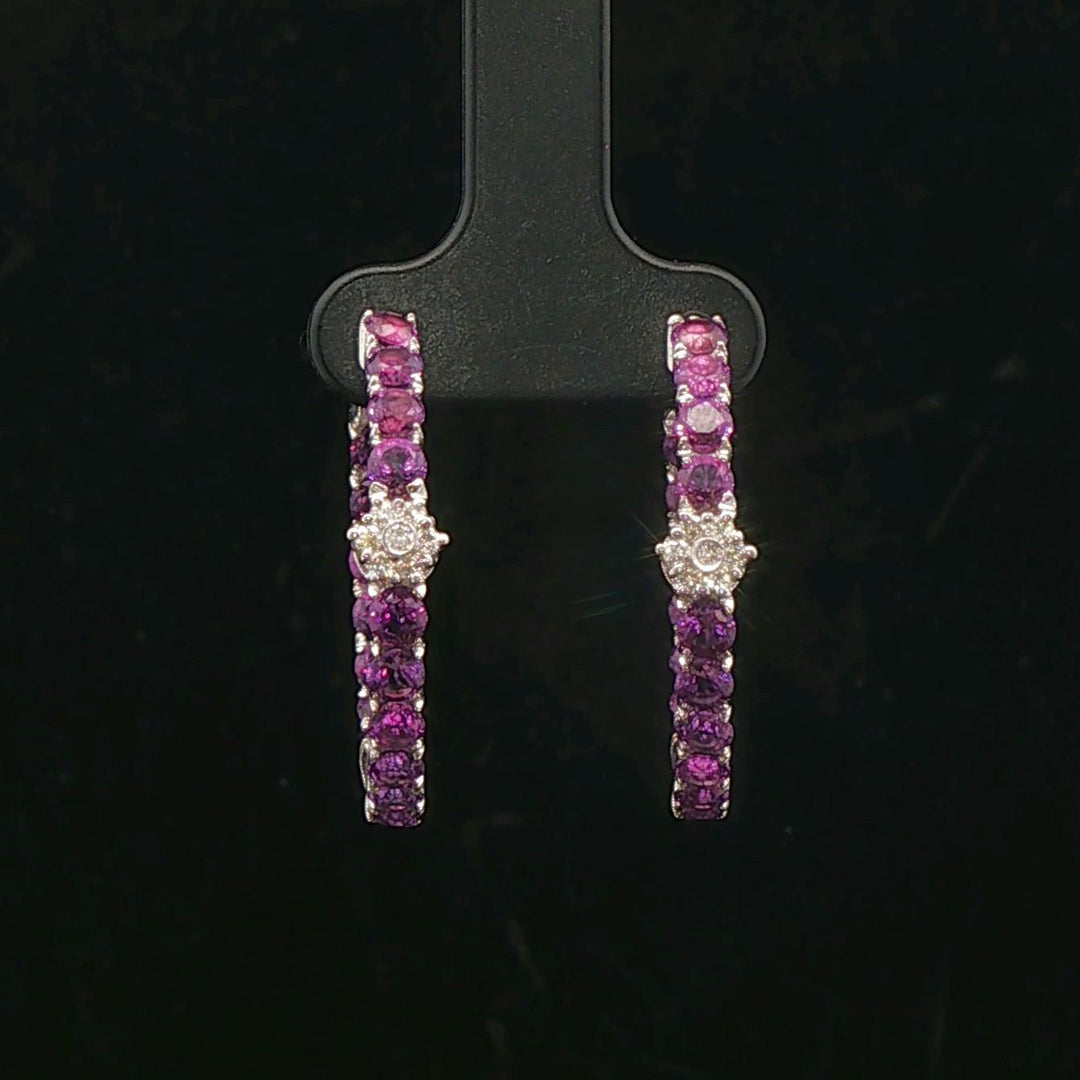 18k White Gold Amethyst and Diamond Inside Out Hoop Earrings Italy 1"