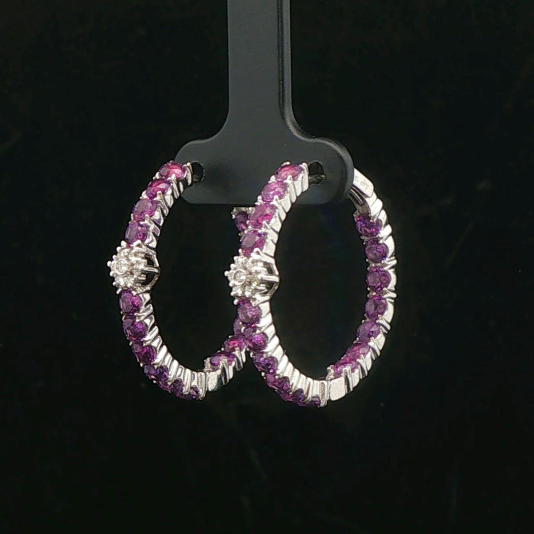 18k White Gold Amethyst and Diamond Inside Out Hoop Earrings Italy 1"
