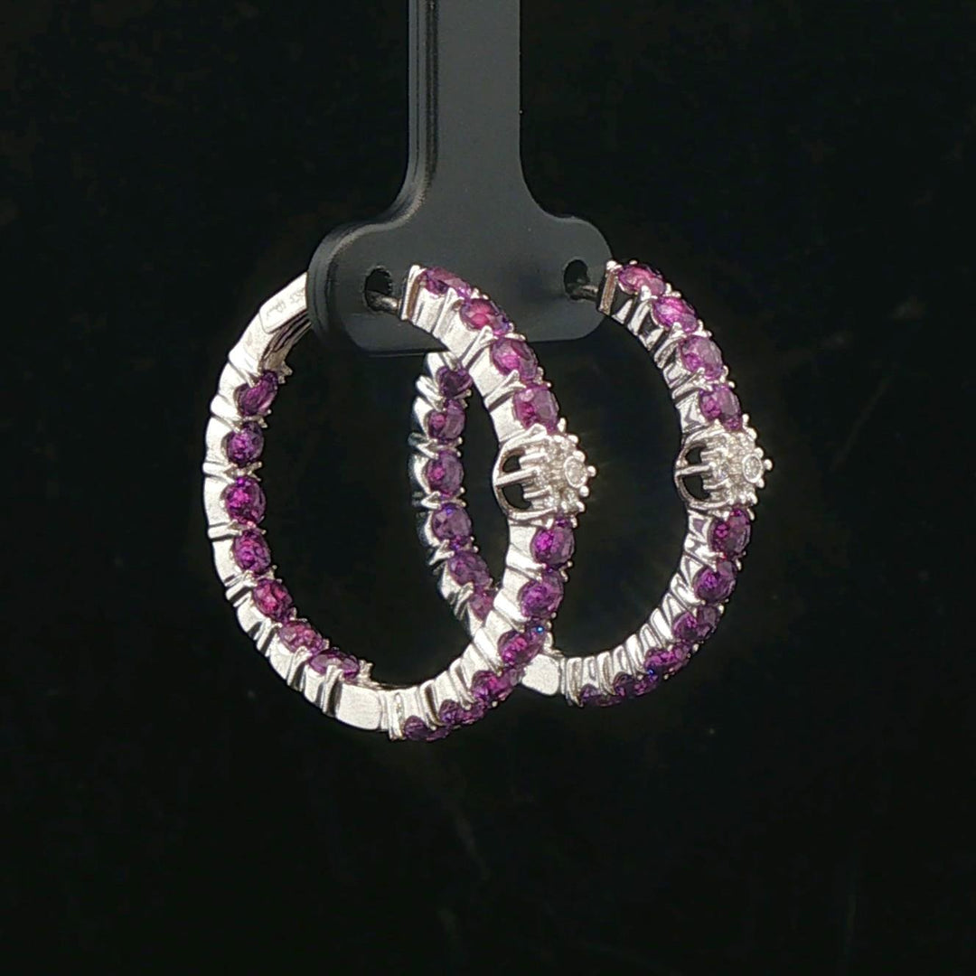 18k White Gold Amethyst and Diamond Inside Out Hoop Earrings Italy 1"