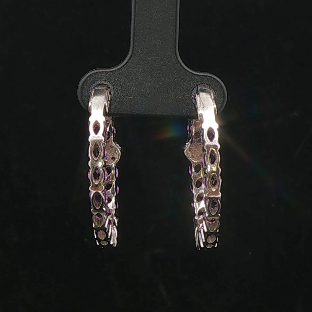 18k White Gold Amethyst and Diamond Inside Out Hoop Earrings Italy 1"