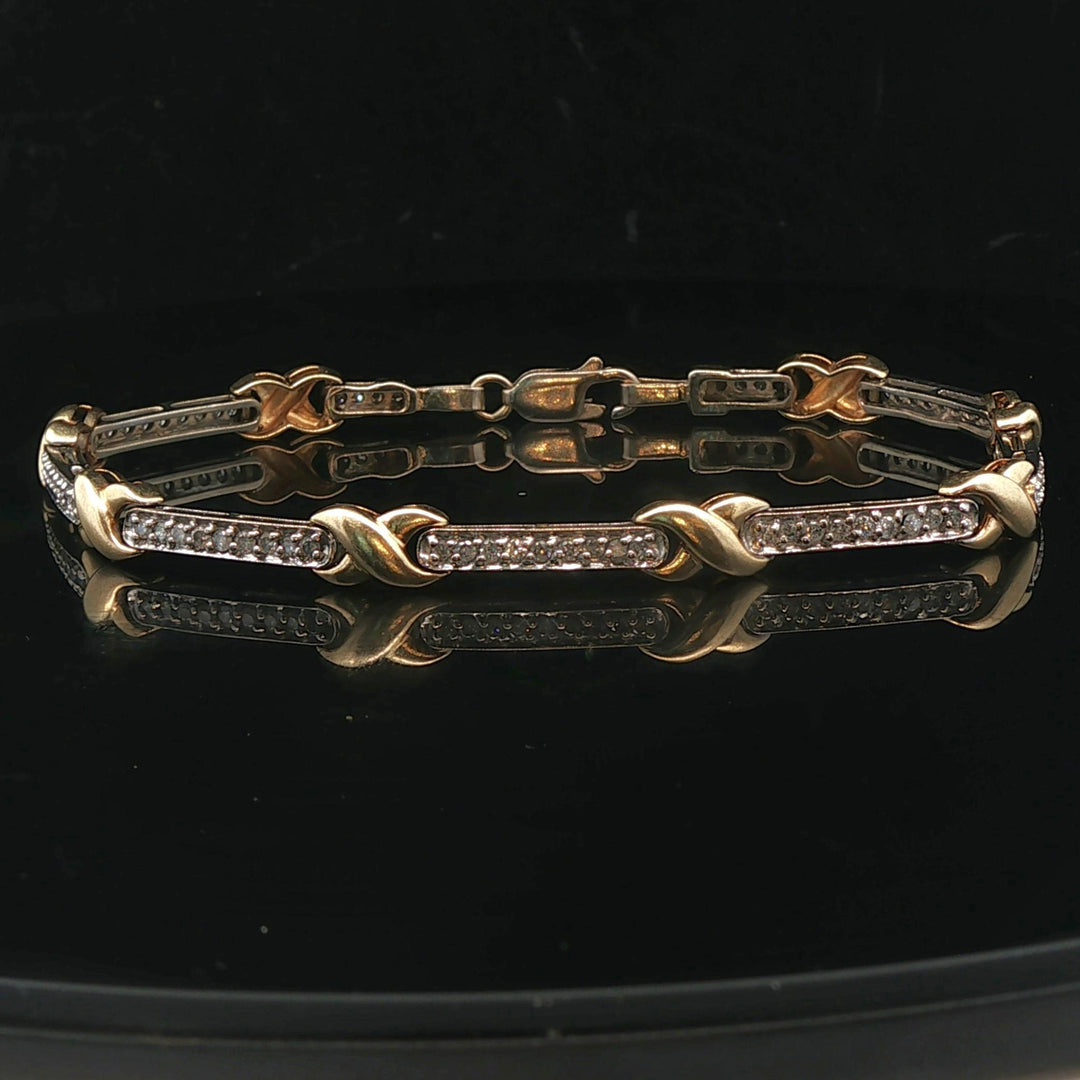 14k Yellow and White Gold 1cttw Diamond X Bar Link Bracelet 7.75"