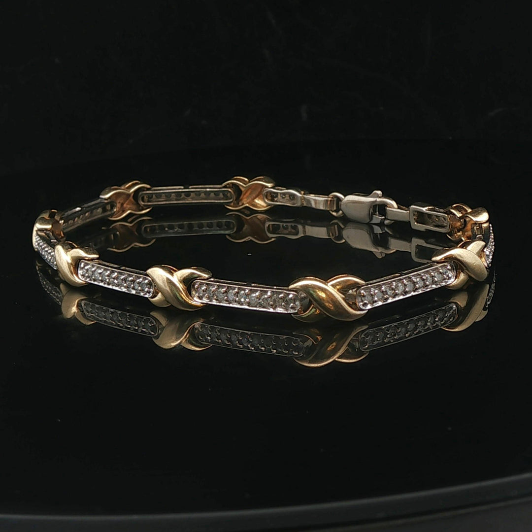 14k Yellow and White Gold 1cttw Diamond X Bar Link Bracelet 7.75"