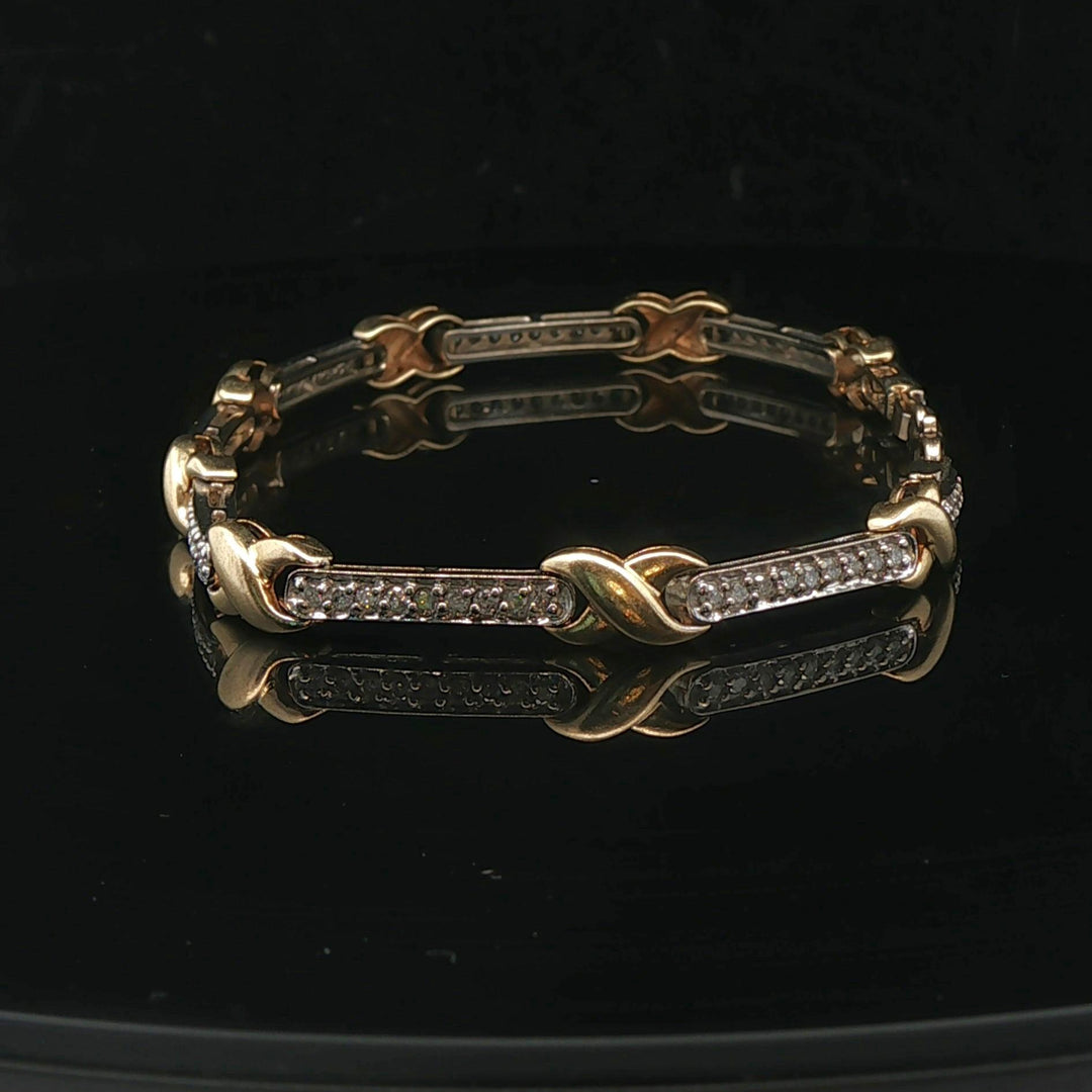 14k Yellow and White Gold 1cttw Diamond X Bar Link Bracelet 7.75"