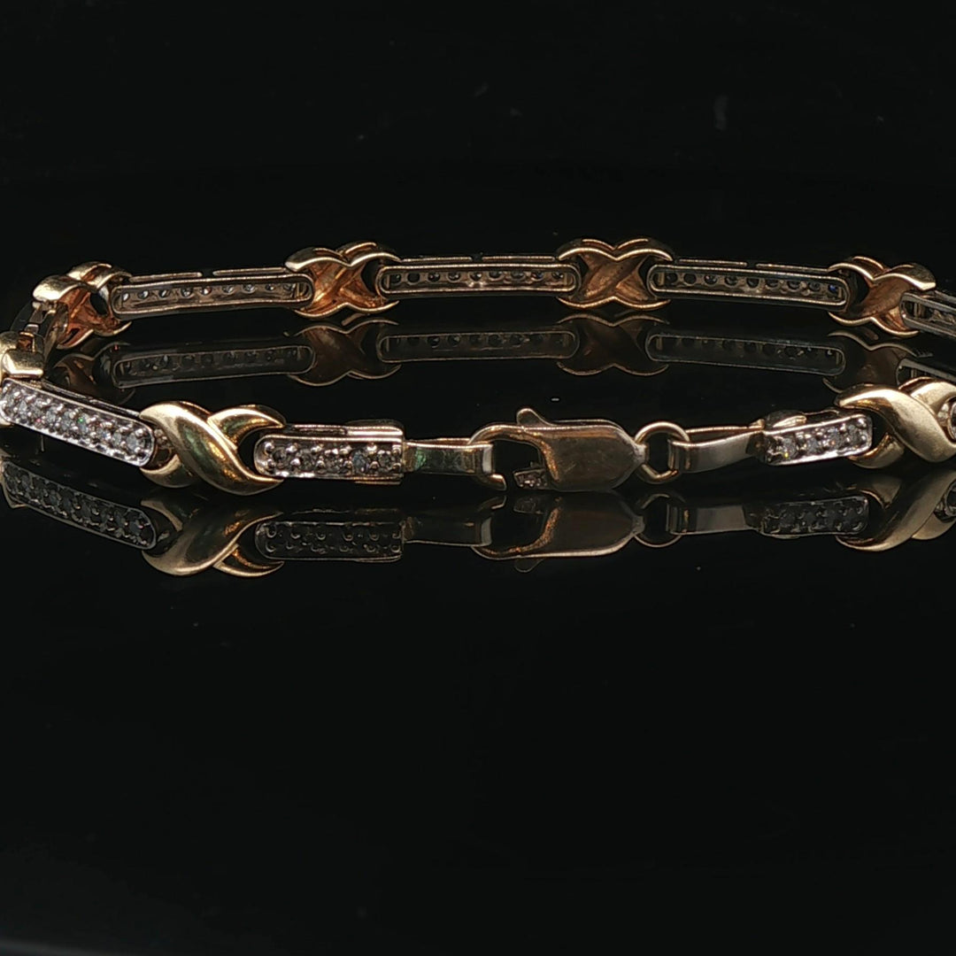 14k Yellow and White Gold 1cttw Diamond X Bar Link Bracelet 7.75"