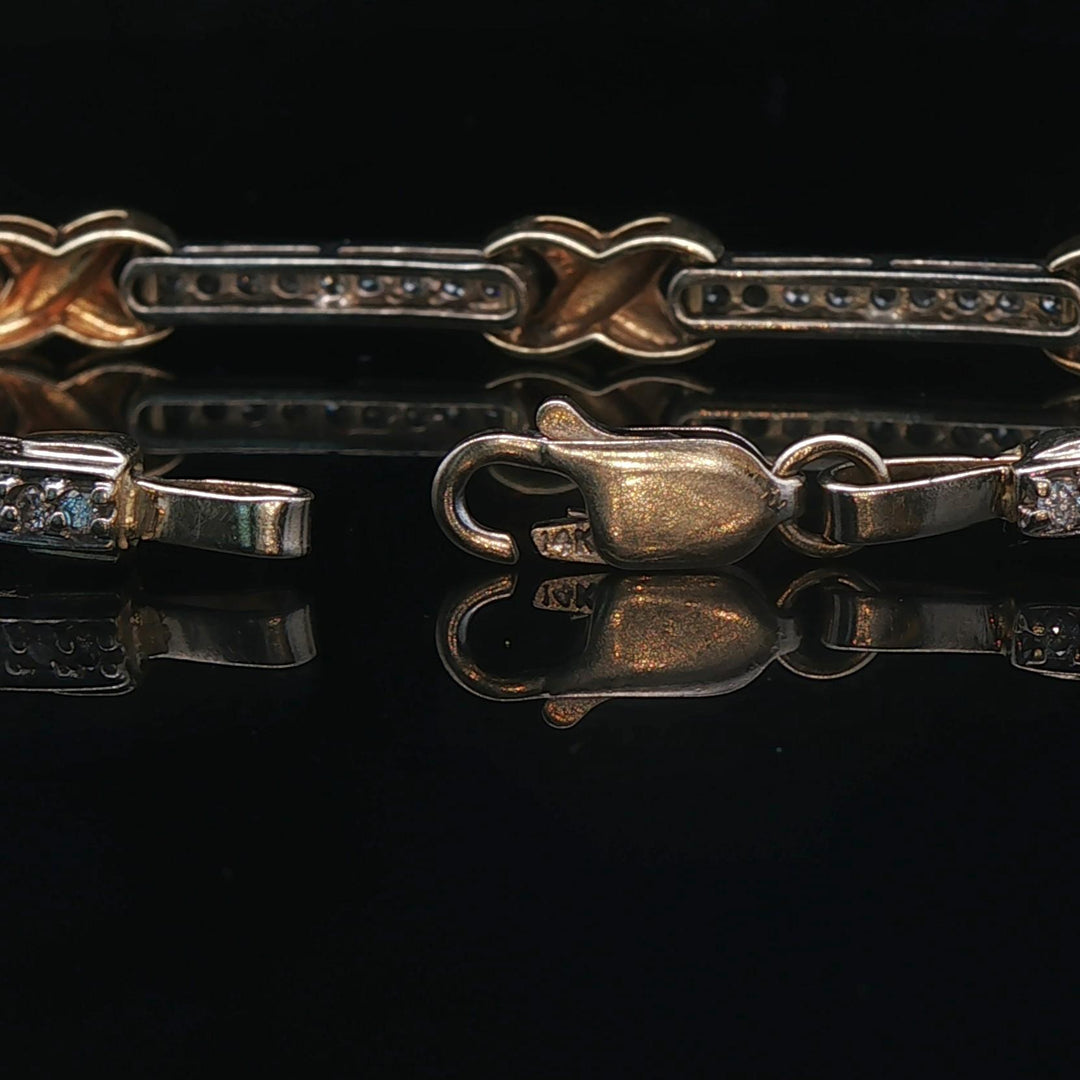 14k Yellow and White Gold 1cttw Diamond X Bar Link Bracelet 7.75"