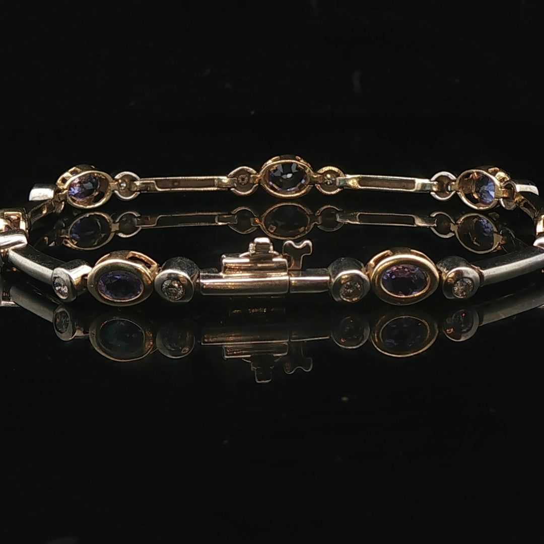 14k Yellow and White Gold Bezel Set Tanzanite and Diamond Bar Link Bracelet 7"