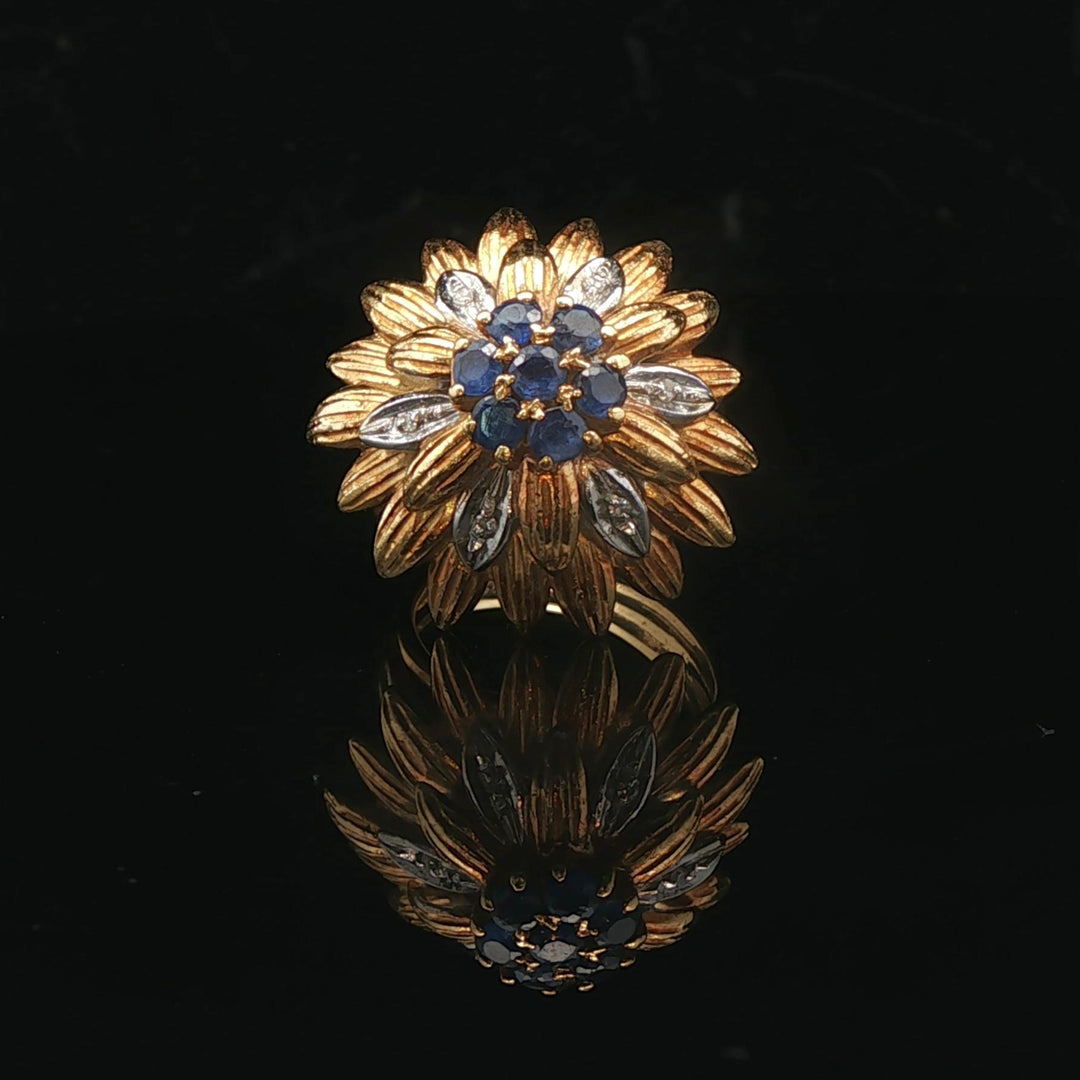 18k Yellow and White Gold Sapphire and Diamond Vintage Floral Ring Size 4.25